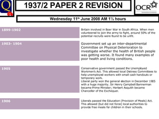 1937/2 PAPER 2 REVISION Wednesday 11 th  June 2008 AM 1½ hours Britain involved in Boer War in South Africa. When men volunteered to join the army to fight, around 50% of the potential recruits were found to be unfit.  1899-1902 Government set up an inter-departmental Committee on Physical Deterioration to investigate whether the health of British people was getting worse. It found many examples of poor health and living conditions.  1903- 1904 Conservative government passed the Unemployed Workmen's Act. This allowed local Distress Committees to help unemployed workers with small cash handouts or temporary work.  Liberal party won the general election in December 1905 with a huge majority. Sir Henry Campbell Bannerman became Prime Minister; Herbert Asquith became Chancellor of the Exchequer. 1905 Liberals passed the Education (Provision of Meals) Act. This allowed (but did not force) local authorities to provide free meals for children in their schools.  1906 