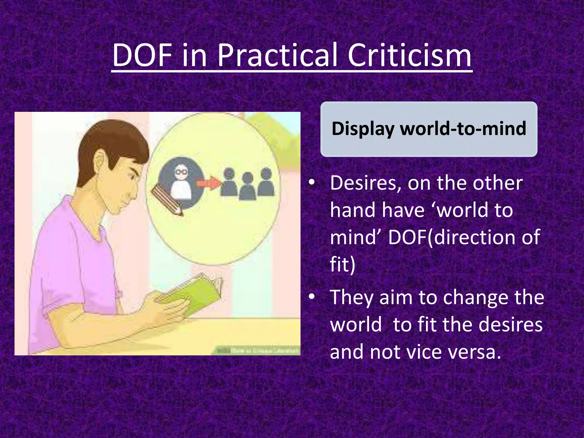DOF in Practical Criticism
• Desires, on the other
hand have ‘world to
mind’ DOF(direction of
fit)
• They aim to change the
world to fit the desires
and not vice versa.
Display world-to-mind
 