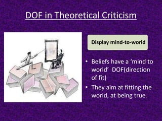 DOF in Theoretical Criticism
• Beliefs have a ‘mind to
world’ DOF(direction
of fit)
• They aim at fitting the
world, at being true.
Display mind-to-world
 