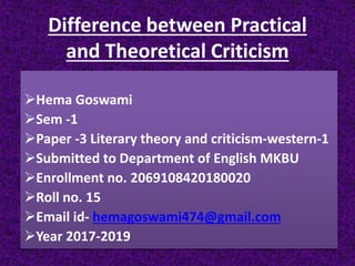 Difference between Practical
and Theoretical Criticism
Hema Goswami
Sem -1
Paper -3 Literary theory and criticism-western-1
Submitted to Department of English MKBU
Enrollment no. 2069108420180020
Roll no. 15
Email id- hemagoswami474@gmail.com
Year 2017-2019
 