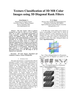 Texture Classification of 3D MR Color
Images using 3D Diagonal Rank Filters
Arun Kumar A
Department of Computer Science
University of Mysore, Manasa Gangotri
Mysore, Karnataka, India
arun.arigala@gmail.com
E. G. Rajan
Director, Rajiv Gandhi International School Of
Information Technology, MG-MIRSA
Approved Research Centre of Mysore University
rajaneg@yahoo.co.in
.
Abstract— The term ‘texture’ refers to patterns
arranged in an order in a line or a curve. Textures
allow one to make a meaningful interpretation of
certain geometric regularity of spatially repeated
patterns. In addition, texture also exhibits useful
information about spatial distribution of color or gray
intensities in an image. Correct interpretation of
latent textures of various tissues in a body is an
important requirement for a surgeon as a preoperative
measure. Mostly, extraction of directional textures in
an MR scanned 3D image is carried out in all three
orthogonal axes of 3D geometry. Alternatively, this
paper proposes a novel technique for extracting
directional textures of a 3D MR image in all six
diagonal axes separately.
Keywords— 3D Color Images, Superficial and
Volumetric Features, Texture Classification
I. INTRODUCTION
This paper demonstrates a computationally efficient
technique to detect various texture characteristics as
directional features in a given 3D digital image in six
diagonal axes. The computational tool used for this
purpose is ‘3D Diagonal Rank Filters’, which are
essentially directional filters. These filters cause radical
changes in the original content of a given image but
precisely extract various textures. Any given 3D MR
image consists of texture features of tissues
corresponding to muscle fibers in almost all directions
such as three orthogonal axes and six diagonal axes.
One can visualize major muscle fibers of a body
component with naked eye. But most of the finer
textures cannot be visualized even by an expert, in
which case machine vision support system becomes
quite handy. The algorithms presented in this paper
could be used to detect texture patterns in al the six
diagonal axes of a 3D rectangular discrete coordinate
system in which 3D digital image is displayed. Fig. 1
shows planes in these three orthogonal axes.
A 3D MR image would exhibit texture features of
tissues corresponding to muscle fibers in almost all
directions especially in three orthogonal axes and six
diagonal axes. Fig. 1 shows the three orthogonal planes
x-y plane, y-z plane and z-x plane in a 3D geometry. In
geometrical terms, these three orthogonal planes are
called “superficial features”.
Fig. 1: Three orthogonal planes in a 3D geometry
Fig. 2 shows the six diagonal x-y-z planes in a 3D
geometry.
YR YL ZR ZL XL XR
Fig. 2: Six diagonal planes in a 3D geometry
Table 1: Various diagonal planes
27-neighborhood
window
Diagonal
Planes
Vertices
of Planes
XL Plane
1,10,19,
5,14,23,
9,18,27
XR Plane
3,12,21,
5,14,23,
7,16,25
YL Plane
1,11,21,
4,14,24,
7,17,27
YR Plane
3,11,19,
6,14,22,
9,17,25
ZL Plane
1,2,3,
13,14,15,
25,26,27
ZR Plane
19,20,21,
13,14,15,
7,8,9
 