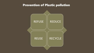 Prevention of Plastic pollution
REFUSE REDUCE
REUSE RECYCLE
 