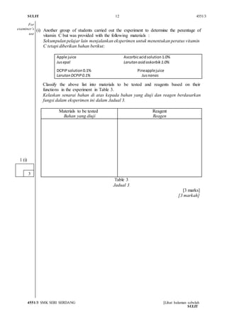 SULIT 12 4551/3
4551/3 SMK SERI SERDANG [Lihat halaman sebelah
SULIT
(i) Another group of students carried out the experiment to determine the percentage of
vitamin C but was provided with the following materials :
Sekumpulan pelajar lain menjalankan eksperimen untuk menentukan peratus vitamin
C tetapi diberikan bahan berikut:
Apple juice Ascorbicacidsolution1.0%
Jusepal Larutan asid askorbik1.0%
DCPIPsolution0.1% Pineapplejuice
Larutan DCPIP0.1% Jusnanas
Classify the above list into materials to be tested and reagents based on their
functions in the experiment in Table 3.
Kelaskan senarai bahan di atas kepada bahan yang diuji dan reagen berdasarkan
fungsi dalam eksperimen ini dalam Jadual 3.
Materials to be tested
Bahan yang diuji
Reagent
Reagen
Table 3
Jadual 3
[3 marks]
[3 markah]
3
1 (i)
For
examiner’s
use
 