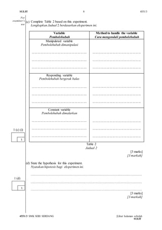 SULIT 8 4551/3
4551/3 SMK SERI SERDANG [Lihat halaman sebelah
SULIT
(c) Complete Table 2 based on this experiment.
Lengkapkan Jadual 2 berdasarkan eksperimen ini.
Variable
Pembolehubah
Method to handle the variable
Cara mengendali pembolehubah
Manipulated variable
Pembolehubah dimanipulasi
………………………………………………….
………………………………………………….
………………………………………………….
……………………………………………
……………………………………………
……………………………………………
Responding variable
Pembolehubah bergerak balas
………………………………………………….
………………………………………………….
………………………………………………….
……………………………………………
……………………………………………
……………………………………………
Constant variable
Pembolehubah dimalarkan
………………………………………………….
………………………………………………….
………………………………………………….
……………………………………………
……………………………………………
……………………………………………
Table 2
Jadual 2
[3 marks]
[3 markah]
(d) State the hypothesis for this experiment.
Nyatakan hipotesis bagi eksperimen ini.
…………………………………………………………………………………………
…………………………………………………………………………………………
…………………………………………………………………………………………
[3 marks]
[3 markah]
3
1 (c) (i)
3
1 (d)
For
examiner’s
use
 