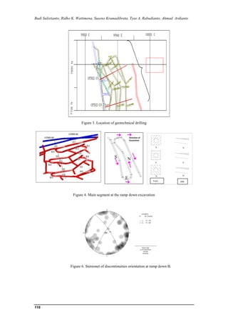 Budi Sulistianto, Ridho K. Wattimena, Suseno Kramadibrata, Tyas A. Rabudianto, Ahmad Ardianto
116
Figure 3. Location of geotechnical drilling
Figure 3. Location of geotechnical drilling
Figure 4. Main segment at the ramp down excavation
Figure 6. Stereonet of discontinuities orientation at ramp down B.
Direction of
Excavation
S
E
N
Tampak
Depan
Tampak
Samping
S S
E
N
E
N
Front Side
t
 