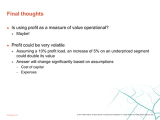 Final thoughts
towerswatson.com
29
© 2015 Towers Watson. All rights reserved. Proprietary and Confidential. For Towers Watson and Towers Watson client use only.
 Is using profit as a measure of value operational?
 Maybe!
 Profit could be very volatile
 Assuming a 10% profit load, an increase of 5% on an underpriced segment
could double its value
 Answer will change significantly based on assumptions
– Cost of capital
– Expenses
 
