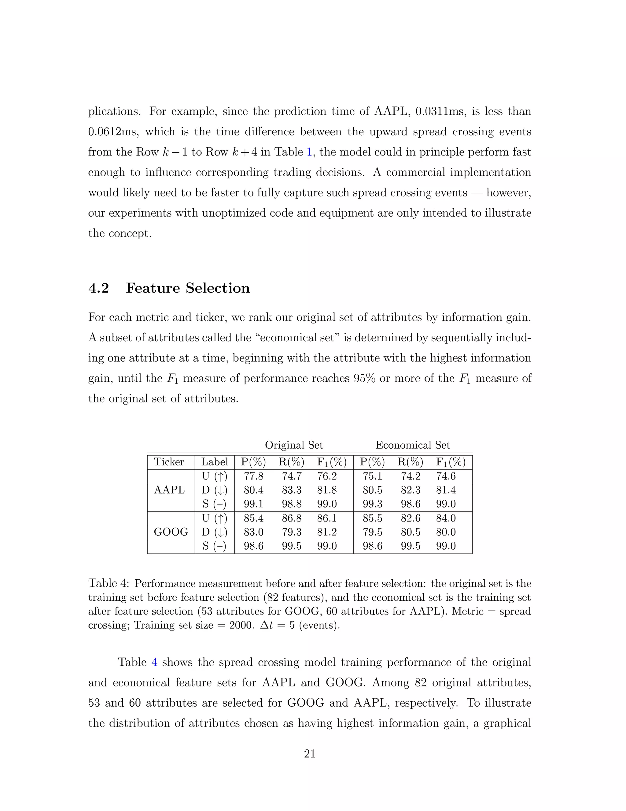 plications. For example, since the prediction time of AAPL, 0.0311ms, is less than
0.0612ms, which is the time diﬀerence between the upward spread crossing events
from the Row k −1 to Row k +4 in Table 1, the model could in principle perform fast
enough to inﬂuence corresponding trading decisions. A commercial implementation
would likely need to be faster to fully capture such spread crossing events — however,
our experiments with unoptimized code and equipment are only intended to illustrate
the concept.
4.2 Feature Selection
For each metric and ticker, we rank our original set of attributes by information gain.
A subset of attributes called the “economical set” is determined by sequentially includ-
ing one attribute at a time, beginning with the attribute with the highest information
gain, until the F1 measure of performance reaches 95% or more of the F1 measure of
the original set of attributes.
Original Set Economical Set
Ticker Label P(%) R(%) F1(%) P(%) R(%) F1(%)
AAPL
U (↑) 77.8 74.7 76.2 75.1 74.2 74.6
D (↓) 80.4 83.3 81.8 80.5 82.3 81.4
S (–) 99.1 98.8 99.0 99.3 98.6 99.0
GOOG
U (↑) 85.4 86.8 86.1 85.5 82.6 84.0
D (↓) 83.0 79.3 81.2 79.5 80.5 80.0
S (–) 98.6 99.5 99.0 98.6 99.5 99.0
Table 4: Performance measurement before and after feature selection: the original set is the
training set before feature selection (82 features), and the economical set is the training set
after feature selection (53 attributes for GOOG, 60 attributes for AAPL). Metric = spread
crossing; Training set size = 2000. ∆t = 5 (events).
Table 4 shows the spread crossing model training performance of the original
and economical feature sets for AAPL and GOOG. Among 82 original attributes,
53 and 60 attributes are selected for GOOG and AAPL, respectively. To illustrate
the distribution of attributes chosen as having highest information gain, a graphical
21
 