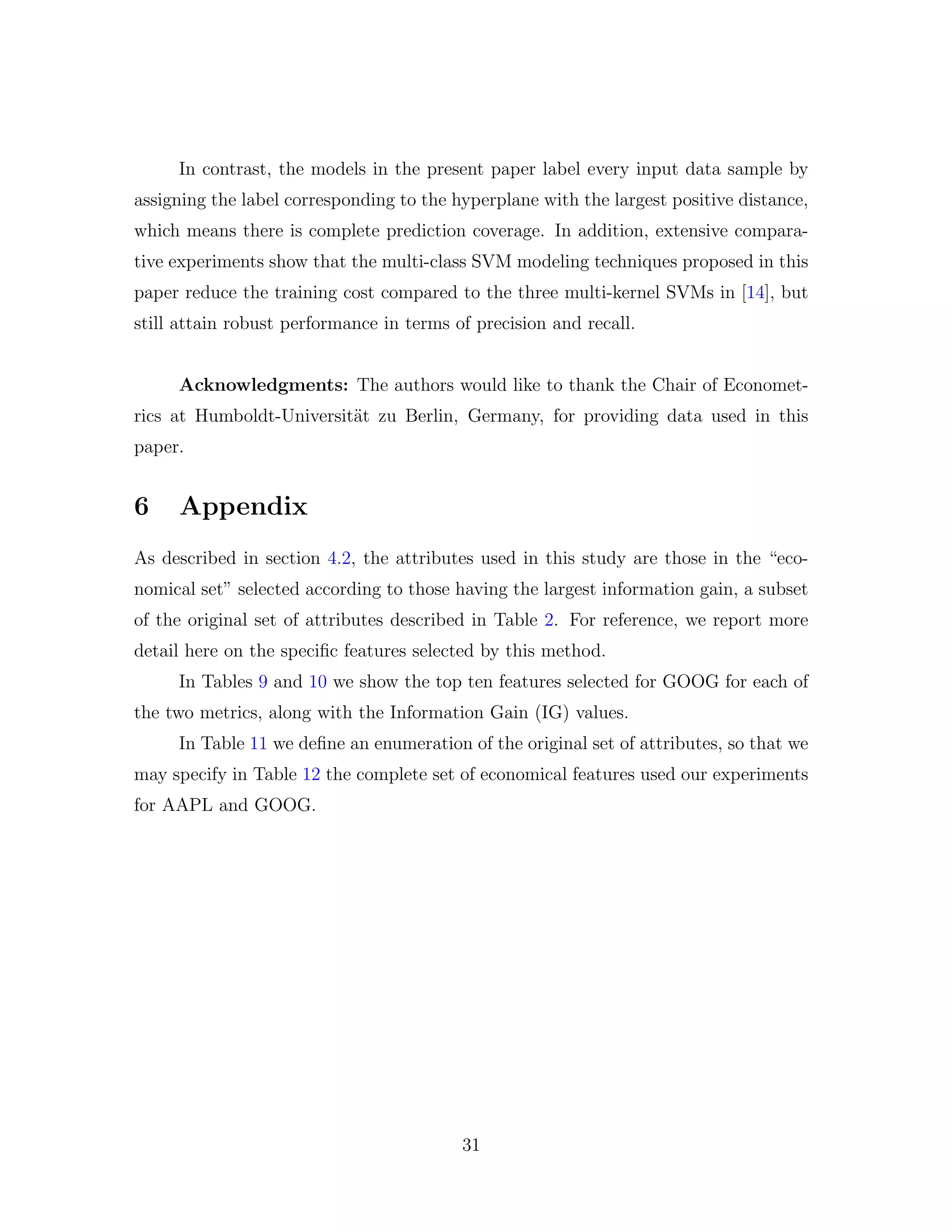 In contrast, the models in the present paper label every input data sample by
assigning the label corresponding to the hyperplane with the largest positive distance,
which means there is complete prediction coverage. In addition, extensive compara-
tive experiments show that the multi-class SVM modeling techniques proposed in this
paper reduce the training cost compared to the three multi-kernel SVMs in [14], but
still attain robust performance in terms of precision and recall.
Acknowledgments: The authors would like to thank the Chair of Economet-
rics at Humboldt-Universit¨at zu Berlin, Germany, for providing data used in this
paper.
6 Appendix
As described in section 4.2, the attributes used in this study are those in the “eco-
nomical set” selected according to those having the largest information gain, a subset
of the original set of attributes described in Table 2. For reference, we report more
detail here on the speciﬁc features selected by this method.
In Tables 9 and 10 we show the top ten features selected for GOOG for each of
the two metrics, along with the Information Gain (IG) values.
In Table 11 we deﬁne an enumeration of the original set of attributes, so that we
may specify in Table 12 the complete set of economical features used our experiments
for AAPL and GOOG.
31
 