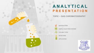 A N A LY T I C A L
P R E S E N T A T I O N
TOPIC − GAS CHROMATOGRAPHY
INTRODUCTION.
SAMPLE INJECTION SYSTEMS
COLUMN TYPES
DETECTORS
APPLICATION
Portfolio
Designed
 