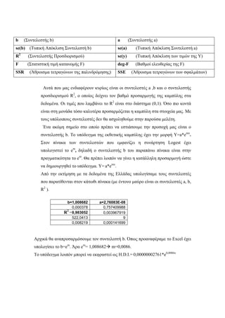 b (Συντελεστής b) a (Συντελεστής a)
se(b) (Τυπική Απόκλιση Συντελεστή b) se(a) (Τυπική Απόκλιση Συντελεστή a)
R2
(Συντελεστής Προσδιορισμού) se(y) (Τυπική Απόκλιση των τιμών της Υ)
F (Στατιστική τιμή κατανομής F) deg-F (Βαθμοί ελευθερίας της F)
SSR (Άθροισμα τετραγώνων της παλινδρόμησης) SSE (Άθροισμα τετραγώνων των σφαλμάτων)
. Με
γίνει η κατάλληλη προσαρμογή ώστε
αρατίθενται στον κάτωθι πίνακα (με έντονο μαύρο είναι οι συντελεστές a, b,
2
).
ς προαναφέραμε το Excel έχει
ο υπόδειγμα λοιπόν μπορεί να εκφραστεί ως Η.D.I.= 0,00000002761*e0,0086x
Αυτά που μας ενδιαφέρουν κυρίως είναι οι συντελεστές a ,b και ο συντελεστής
προσδιορισμού R2
, ο οποίος δείχνει τον βαθμό προσαρμογής της καμπύλης στα
δεδομένα. Οι τιμές που λαμβάνει το R2
είναι στο διάστημα (0,1). Όσο πιο κοντά
είναι στη μονάδα τόσο καλυτέρα προσαρμόζεται η καμπύλη στα στοιχεία μας
τους υπόλοιπους συντελεστές δεν θα ασχοληθούμε στην παρούσα μελέτη.
Ένα ακόμη σημείο στο οποίο πρέπει να εστιάσουμε την προσοχή μας είναι ο
συντελεστής b. Το υπόδειγμα της εκθετικής καμπύλης έχει την μορφή Y=a*emx
.
Στον πίνακα των συντελεστών που εμφανίζει η συνάρτηση Logest έχει
υπολογιστεί το em
, δηλαδή ο συντελεστής b του παραπάνω πίνακα είναι στην
πραγματικότητα το em
. Θα πρέπει λοιπόν να
να δημιουργηθεί το υπόδειγμα. Y= a*emx
.
Από την εκτίμηση με τα δεδομένα της Ελλάδας υπολογίσαμε τους συντελεστές
που π
R
b=1,008682 a=2,76083E-08
0,000378 0,757409988
R2
=0,983052 0,003967919
522,0413 9
0,008219 0,000141699
Αρχικά θα αναπροσαρμόσουμε τον συντελεστή b. Όπω
υπολογίσει το b=em
. Άρα em
= 1,008682 m=0,0086.
Τ
 