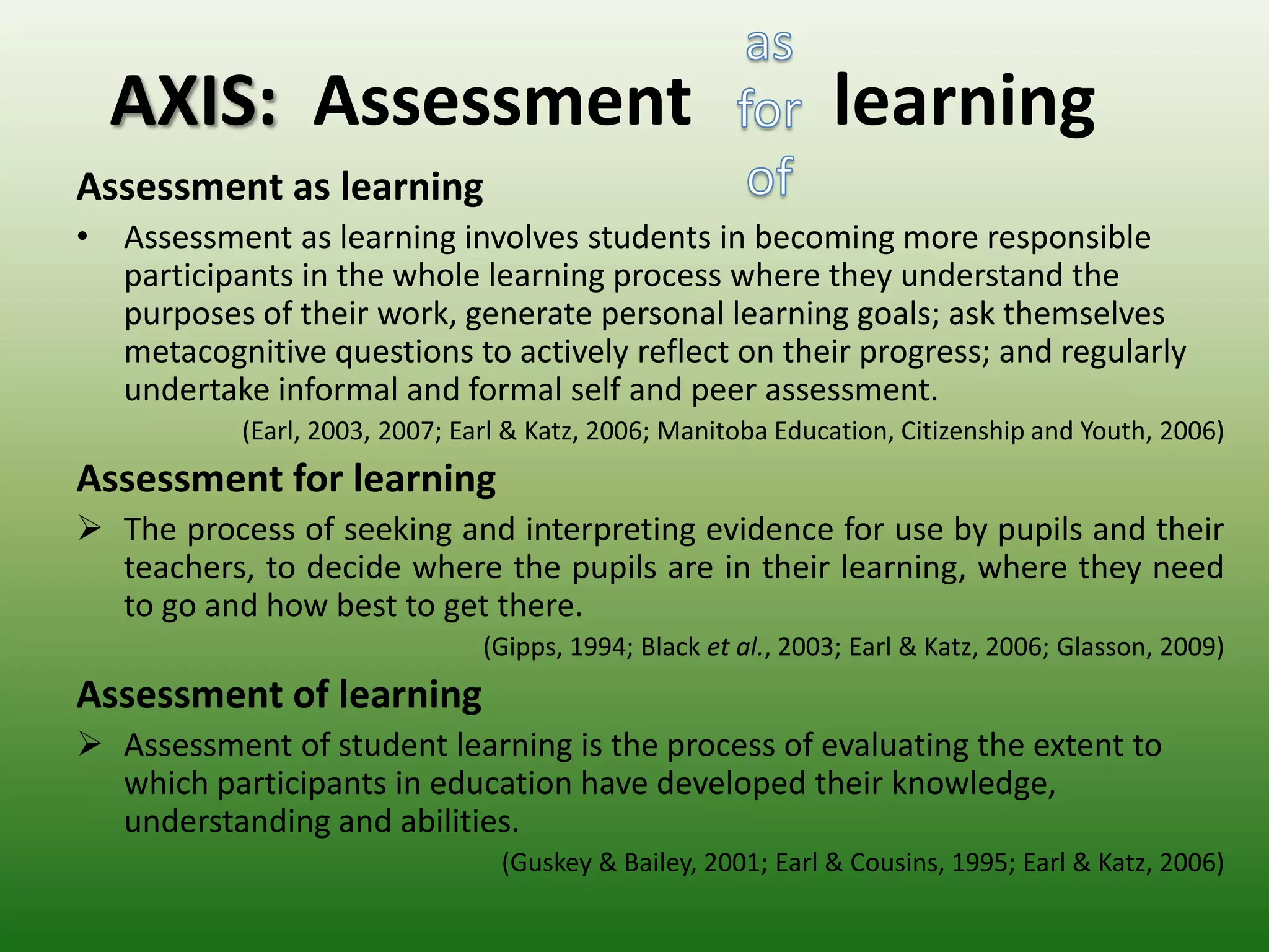 AXIS: Assessment                                             learning
Assessment as learning
• Assessment as learning involves students in becoming more responsible
  participants in the whole learning process where they understand the
  purposes of their work, generate personal learning goals; ask themselves
  metacognitive questions to actively reflect on their progress; and regularly
  undertake informal and formal self and peer assessment.
           (Earl, 2003, 2007; Earl & Katz, 2006; Manitoba Education, Citizenship and Youth, 2006)
Assessment for learning
 The process of seeking and interpreting evidence for use by pupils and their
  teachers, to decide where the pupils are in their learning, where they need
  to go and how best to get there.
                                (Gipps, 1994; Black et al., 2003; Earl & Katz, 2006; Glasson, 2009)
Assessment of learning
 Assessment of student learning is the process of evaluating the extent to
  which participants in education have developed their knowledge,
  understanding and abilities.
                                 (Guskey & Bailey, 2001; Earl & Cousins, 1995; Earl & Katz, 2006)
 