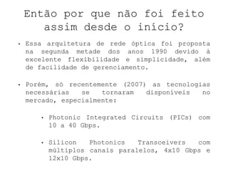 Então por que não foi feito 
assim desde o início? 
• Essa arquitetura de rede óptica foi proposta 
na segunda metade dos anos 1990 devido à 
excelente flexibilidade e simplicidade, além 
de facilidade de gerenciamento. 
• Porém, só recentemente (2007) as tecnologias 
necessárias se tornaram disponíveis no 
mercado, especialmente: 
• Photonic Integrated Circuits (PICs) com 
10 a 40 Gbps. 
• Silicon Photonics Transceivers com 
múltiplos canais paralelos, 4x10 Gbps e 
12x10 Gbps. 
 