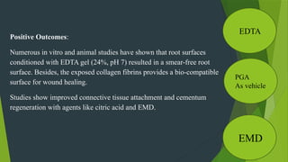 Positive Outcomes:
Numerous in vitro and animal studies have shown that root surfaces
conditioned with EDTA gel (24%, pH 7) resulted in a smear-free root
surface. Besides, the exposed collagen fibrins provides a bio-compatible
surface for wound healing.
Studies show improved connective tissue attachment and cementum
regeneration with agents like citric acid and EMD.
EMD
PGA
As vehicle
EDTA
 