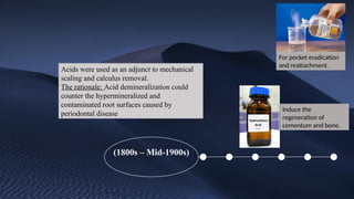 2020
2015
2010
2005
2000
1990
(1800s – Mid-1900s)
Acids were used as an adjunct to mechanical
scaling and calculus removal.
The rationale: Acid demineralization could
counter the hypermineralized and
contaminated root surfaces caused by
periodontal disease​
For pocket eradication
and reattachment.
Induce the
regeneration of
cementum and bone.
 
