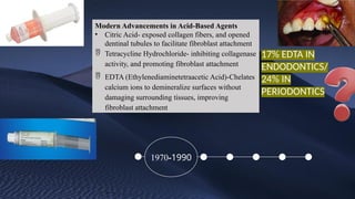 2020
2015
2010
2005
2000
1970-1990
1980
Modern Advancements in Acid-Based Agents
• Citric Acid- exposed collagen fibers, and opened
dentinal tubules to facilitate fibroblast attachment
 Tetracycline Hydrochloride- inhibiting collagenase
activity, and promoting fibroblast attachment
 EDTA (Ethylenediaminetetraacetic Acid)-Chelates
calcium ions to demineralize surfaces without
damaging surrounding tissues, improving
fibroblast attachment
17% EDTA IN
ENDODONTICS/
24% IN
PERIODONTICS
 