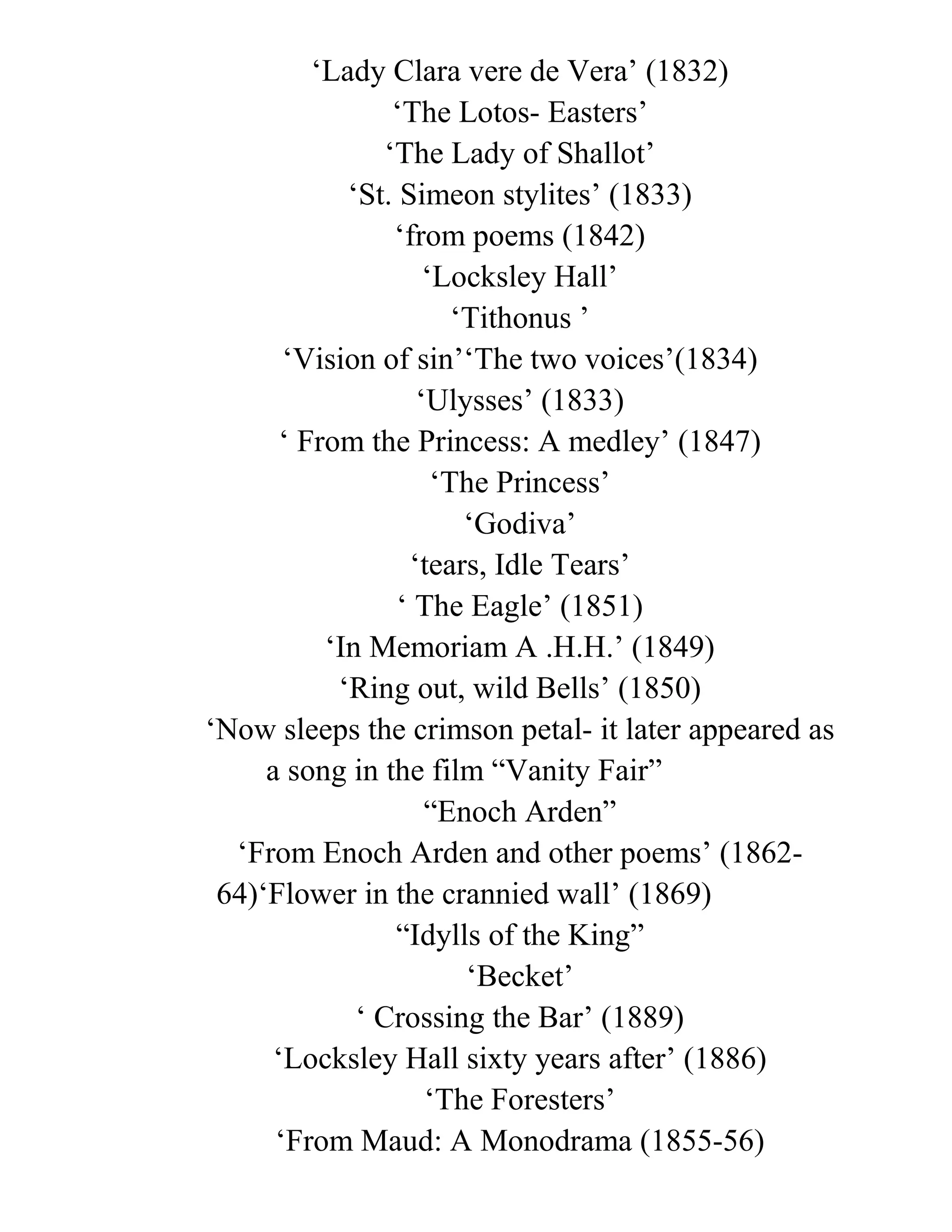 ‘Lady Clara vere de Vera’ (1832)
‘The Lotos- Easters’
‘The Lady of Shallot’
‘St. Simeon stylites’ (1833)
‘from poems (1842)
‘Locksley Hall’
‘Tithonus ’
‘Vision of sin’‘The two voices’(1834)
‘Ulysses’ (1833)
‘ From the Princess: A medley’ (1847)
‘The Princess’
‘Godiva’
‘tears, Idle Tears’
‘ The Eagle’ (1851)
‘In Memoriam A .H.H.’ (1849)
‘Ring out, wild Bells’ (1850)
‘Now sleeps the crimson petal- it later appeared as
a song in the film “Vanity Fair”
“Enoch Arden”
‘From Enoch Arden and other poems’ (1862-
64)‘Flower in the crannied wall’ (1869)
“Idylls of the King”
‘Becket’
‘ Crossing the Bar’ (1889)
‘Locksley Hall sixty years after’ (1886)
‘The Foresters’
‘From Maud: A Monodrama (1855-56)
 