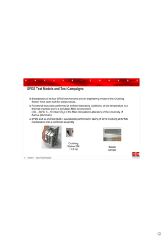 SPDS Test Models and Test Campaigns


Breadboards of all four SPDS mechanisms and an engineering model of the Crushing
Station have been built for test purposes.



Functional tests were performed at ambient laboratory conditions, at low temperature in a
thermal chamber and in a simulated Mars environment
(-50…-60°C, 5…10 mbar CO2) in the Mars Simulation Laboratory of the University of
Aarhus (Denmark).



SPDS end-to-end test (E2E): successfully performed in spring of 2013 involving all SPDS
mechanisms into a combined assembly

Crushing
Station EM
(~ 2.8 kg)

12

12/20/2013

Basalt
sample

Kayser-Threde Presentation

12

 