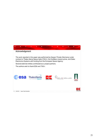 Acknowledgement
The work reported in this paper was performed by Kayser-Threde (Germany) under
contract to Thales Alenia Space Italia (TAS-I), the ExoMars mission prime, and Selex
Electronics Systems with funding from the European Space Agency.
Several external entities contributed as a project partners.
The authors wish to thank ESA and TAS-I.

21

20/12/2013

Kayser-Threde Presentation

21

 