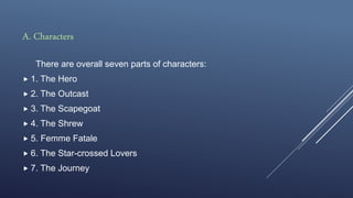 A. Characters
There are overall seven parts of characters:
 1. The Hero
 2. The Outcast
 3. The Scapegoat
 4. The Shrew
 5. Femme Fatale
 6. The Star-crossed Lovers
 7. The Journey
 