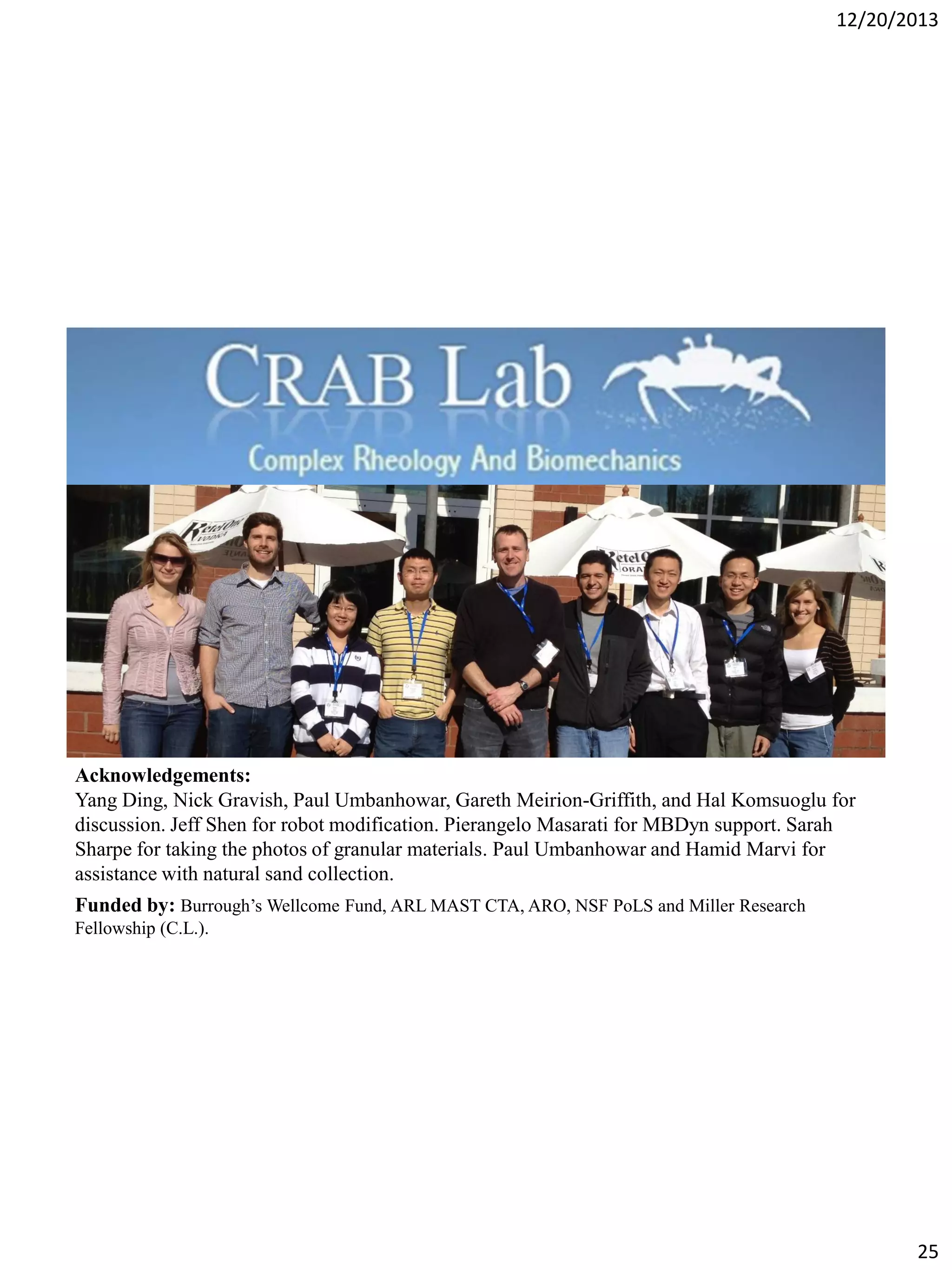 12/20/2013

Acknowledgements:
Yang Ding, Nick Gravish, Paul Umbanhowar, Gareth Meirion-Griffith, and Hal Komsuoglu for
discussion. Jeff Shen for robot modification. Pierangelo Masarati for MBDyn support. Sarah
Sharpe for taking the photos of granular materials. Paul Umbanhowar and Hamid Marvi for
assistance with natural sand collection.
Funded by: Burrough’s Wellcome Fund, ARL MAST CTA, ARO, NSF PoLS and Miller Research
Fellowship (C.L.).

25

 