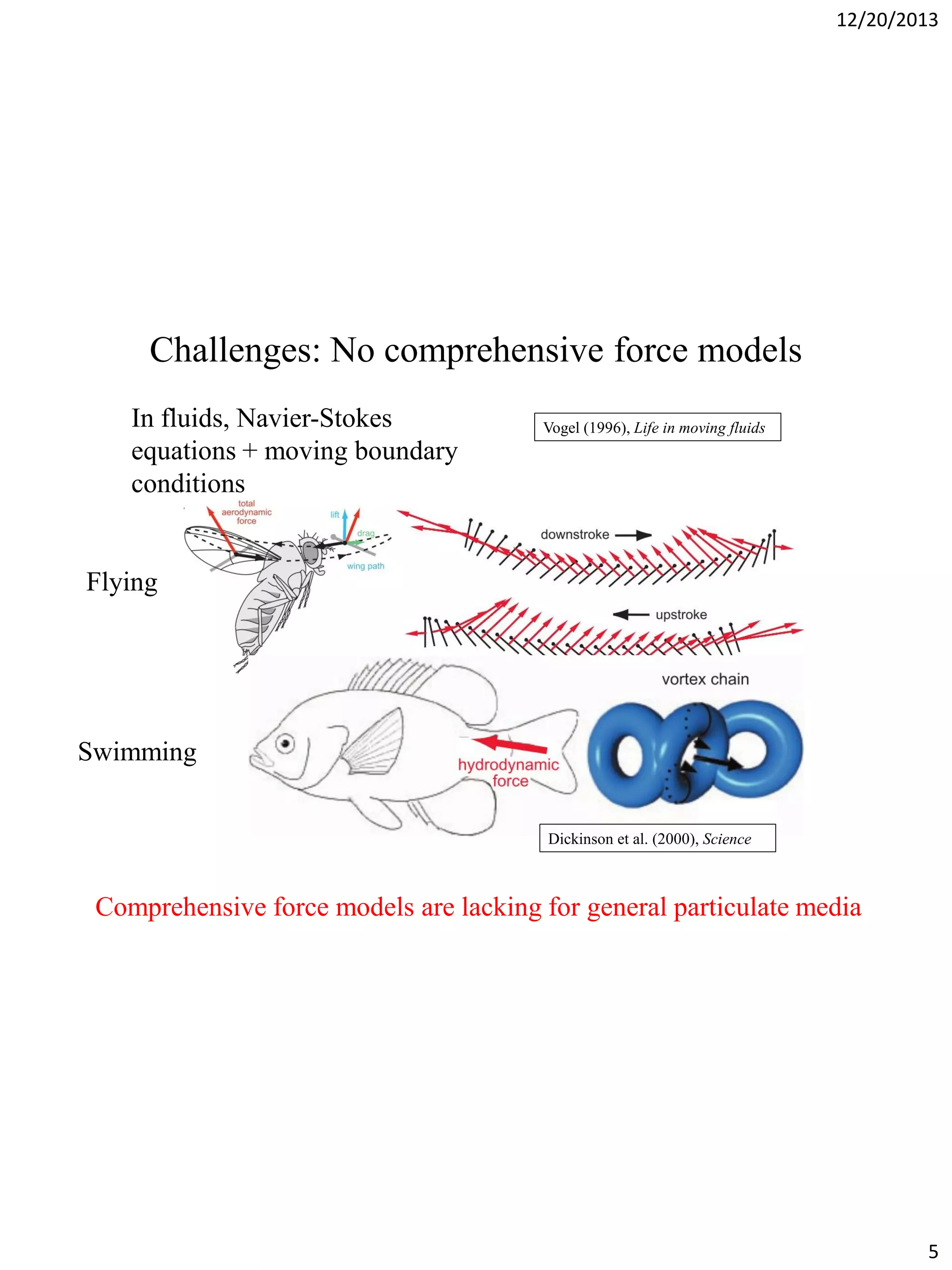 12/20/2013

Challenges: No comprehensive force models
In fluids, Navier-Stokes
equations + moving boundary
conditions

Vogel (1996), Life in moving fluids

Flying

Swimming
Dickinson et al. (2000), Science

Comprehensive force models are lacking for general particulate media

5

 
