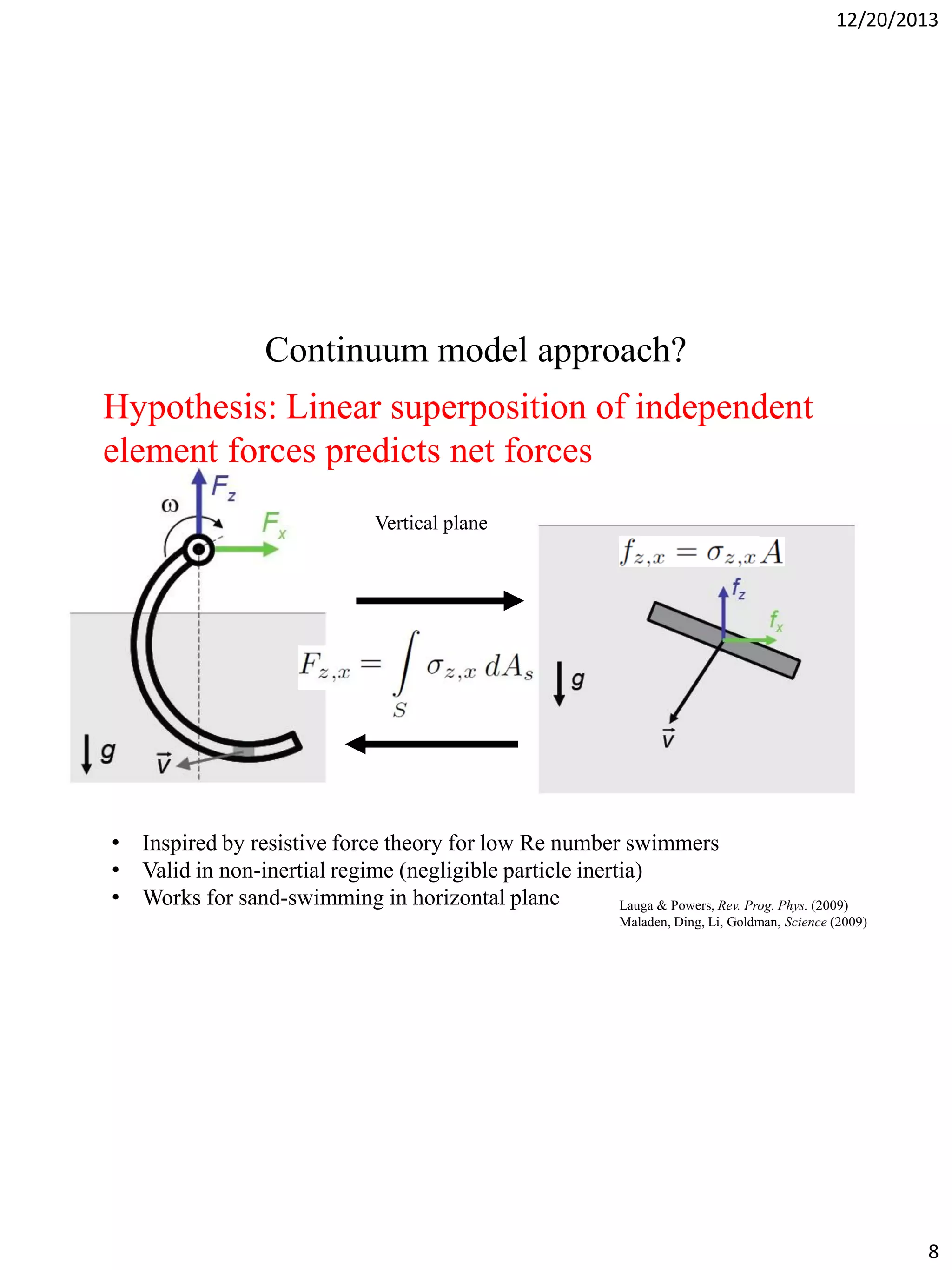 12/20/2013

Continuum model approach?
Hypothesis: Linear superposition of independent
element forces predicts net forces
Vertical plane

• Inspired by resistive force theory for low Re number swimmers
• Valid in non-inertial regime (negligible particle inertia)
• Works for sand-swimming in horizontal plane
Lauga & Powers, Rev. Prog. Phys. (2009)
Maladen, Ding, Li, Goldman, Science (2009)

8

 