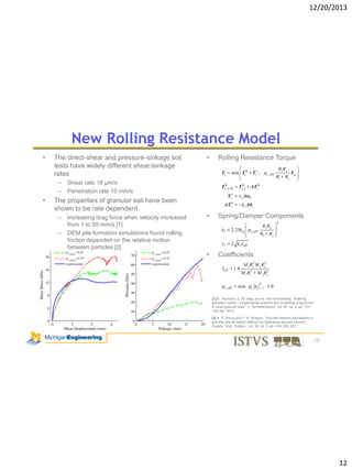 12/20/2013

New Rolling Resistance Model
•

The direct-shear and pressure-sinkage soil
tests have widely different shear/sinkage
rates
–
–

•

–

Increasing drag force when velocity increased
from 1 to 50 mm/s [1]
DEM pile formation simulations found rolling
friction depended on the relative motion
between particles [2]

Rolling Resistance Torque
Tr

min Trk

Tr,k t+

Shear rate 18 μm/s
Penetration rate 10 mm/s

The properties of granular soil have been
shown to be rate dependent
–

•

t

Tr,k t

Ri

Rj

Fn

ΔTrk

k r Δθr

Spring/Damper Components
kr
r

•

r, eff

r Δωr

Tr
ΔTrk

•

Ri R j

Tr ,

2.25k n

Ri R j
r, eff

Ri

2

Rj

2 k r I eff

Coefficients
I eff

r, eff

1.4

M i Ri2 M j R j2
M i Ri2

min

M j R j2
2

r

vt , 1.0

[1] B. Yeomans, C. M. Saaj, and M. Van Winnendael, “Walking
planetary rovers – Experimental analysis and modelling of leg thrust
in loose granular soils,” J. Terramechanics, vol. 50, no. 2, pp. 107–
120, Apr. 2013.
[2] A. P. Grima and P. W. Wypych, “Discrete element simulations of
granular pile formation: Method for calibrating discrete element
models,” Eng. Comput., vol. 28, no. 3, pp. 314–339, 2011.

12

12

 