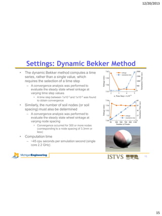 12/20/2013

Settings: Dynamic Bekker Method
•

The dynamic Bekker method computes a time
series, rather than a single value, which
requires the selection of a time step
– A convergence analysis was performed to
evaluate the steady state wheel sinkage at
varying time step values
• A time step between 1x10-3 and 1x10-4 was found
to obtain convergence

•

Similarly, the number of soil nodes (or soil
spacing) must also be determined
– A convergence analysis was performed to
evaluate the steady state wheel sinkage at
varying node spacing
• Convergence occurred for 300 or more nodes
(corresponding to a node spacing of 3.3mm or
less)

•

Computation time
– ~45 cpu seconds per simulation second (single
core 2.2 GHz)

15

15

 