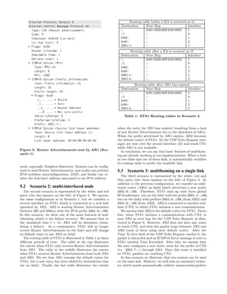 Figure 5: Router Advertisements sent by AR1 (Sce-
nario 1)
work, especially Neighbor Discovery. Routers can be conﬁg-
ured to send Router Advertisements, and nodes can perform
IPv6 stateless autoconﬁguration, DAD, and ﬁnally can re-
solve the link-layer address associated to an IPv6 address.
5.2 Scenario 2: multi-interfaced node
The second scenario is represented by the white and red
parts (the two squares on the left) of Figure 3. We assume
the same conﬁguration as in Scenario 1, but we consider a
second interface on STA1 which is connected to a new link
operated by AR2. AR2 is sending Router Advertisements
between 200 and 600ms with the IPv6 preﬁx 2001:4::/64.
In this scenario, we show one of the main features of mul-
tihoming, which is the failure recovery. We assume that at
the simulated time t = 5s, AR1 will be shutdown (simu-
lating a failure). As a consequence, STA1 will no longer
receive Router Advertisements on the link1 and will change
its default route to use AR2 on link2.
The routing table of STA1 is illustrated in Table 1 at three
diﬀerent periods of time. The table at the top illustrates
the entries when STA1 only receives Router Advertisements
from AR1. The table in the middle illustrates the entries
when STA1 receives Router Advertisements from both AR1
and AR2. We see that AR1 remains the default router for
STA1, but a new entry has been added for destinations that
are on link2. Finally the last table illustrates the entries
Routing table before a RA is received on i2
Destination Next Hop Interface
:: fe80::0200:00ﬀ:fe00:0002 1
::1 :: 0
fe80:: :: 1
fe80:: :: 2
2001:1:: :: 1
Routing table after a RA is received on i2
Destination Next Hop Interface
:: fe80::0200:00ﬀ:fe00:0002 1
::1 :: 0
fe80:: :: 1
fe80:: :: 2
2001:1:: :: 1
2001:4:: :: 2
Routing table after AR1 has expired
Destination Next Hop Interface
:: fe80::0200:00ﬀ:fe00:0009 2
::1 :: 0
fe80:: :: 1
fe80:: :: 2
2001:4:: :: 2
Table 1: STA1 Routing tables in Scenario 2
when the entry for AR1 has expired (resulting from a lack
of new Router Advertisement due to the shutdown of AR1).
When the preﬁx advertised by AR1 expires, AR2 becomes
the default router of STA1. So the UDP Echo Request mes-
sages are sent over the second interface (i2) and reach CN1
while AR1 is not available.
In conclusion, we can say that basic features of multihom-
ing are already working in our implementation. When a host
as two links and one of them fails, it automatically modiﬁes
its routing table to prefer the available link.
5.3 Scenario 3: multihoming on a single link
The third scenario is represented by the white, red and
blue parts (the three squares on the left) of Figure 3. In
addition to the previous conﬁguration, we consider an addi-
tional router (AR3) on link2 which advertises a new preﬁx
2001:6::/64. Therefore, STA1 ends up with three global
IPv6 addresses: one on the link1 with the preﬁx 2001:1::/64,
two on the link2 with preﬁxes 2001:4::/64 (from AR2) and
2001:6::/64 (from AR3). AR3 is connected to another end-
host (CN2) to which STA1 initiates a new communication.
We assume that AR2 is the default router for STA1. There-
fore, when STA1 initiates a communication with CN2, it
uses AR2 as next hop for the UDP Echo Request as illus-
trated in Figure 6. However, AR2 does not have any route
to reach CN2, and thus the packet loops between AR2 and
AR0 (each of them using their default route). After the
Time To Live ﬁeld of the UDP Echo Request reaches 0, the
packet is discarded and an ICMPv6 Error message is sent to
STA1 entitled Time Exceeded. After this, we assume that
the user conﬁgures a new static route for the preﬁx of CN2
(i.e. 2001:7::) through AR3. Once this route is installed
on STA1, packets are reaching CN2.
In this scenario we illustrate that two routers can be used
on the same link. However, we still miss an automatic behav-
ior which would automatically redirect unsuccessful packets
 