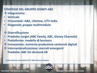 STRATEGIE DEL GRUPPO DISNEY-ABC
    Integrazione:
   • Verticale
   • Orizzontale: A&E, Lifetime, UTV India
   • Diagonale: gruppo multimediale

    Diversificazione
   • Prodotto: target (ABC Family, ABC, Disney Channels)
   • Piattaforma: modello di business
    Innovazione: aumento produzione contenuti digitali
    Internazionalizzazione: mercati emergenti
     Prodotto: ABC On demand UK

      Fonte: bilancio consolidato 2011 Walt Disney Company



                                                                                                   14
Tania Bolsi - USI Gestione dei media                         Strategie e mercati dei nuovi media
 