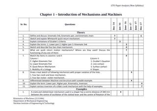 GTU Paper Analysis (New Syllabus)
Kinematics of Machines (2131906)
Department of Mechanical Engineering
Darshan Institute of Engineering & Technology
Chapter 1 – Introduction of Mechanisms and Machines
Sr. No. Questions
Dec-
14
Jan-
16
June-
16
Jan-
17
June-
17
Dec-
17
Theory
1. Define and discuss: kinematic link, kinematic pair, and kinematic chain. 7 3
2. Sketch and explain Whitworth quick return mechanism. 7
3. Explain Limitations of Grubler’s Criteria 3
4. Explain the terms: 1. Lower pair 2. Higher pair 3. Kinematic link 3
5. Sketch and describe four bar chain mechanism. 4
6. What are quick return motion mechanisms? Where are they used? Discuss the
functioning of any one of them.
7
7. Match the items in columns I and II
Column I Column II
P. Higher Kinematic Pair 1. Grubler’s Equation
Q. Lower Kinematic Pair 2. Line contact
R. Quick Return Mechanism 3. Surface contact
S. Mobility of a Linkage 4. Shaper
4
8. Draw a neat sketch of following mechanism with proper notation of the links.
1. Four bar crank and lever mechanism.
2. Four bar rocker- rocker mechanism.
4
9. Differentiate between Machine and Structure with suitable example. 4
10. Explain the term: Lower pair, Higher pair, Kinematics, Inversion. 4
11. Explain various inversion of a slider crank mechanism with the help of examples. 7
Examples
1. A crank and slotted lever mechanism used in a shaper has a centre distance of 300 mm
between the centre of oscillation of the slotted lever and the centre of Rotation of the
4
 