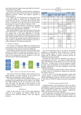 were related with the cognitive processes (high level and low-                                 TABLE II
                                                                     RELATION BETWEEN ACT-R (SGP) PARAMETERS AND VERITAS COGNITIVE
level) detected in the AUM.                                                                   PARAMETERS
   After that, a wide literature research has been conducted in
order to extract the values of these parameters for the different
VERITAS end-users: elderly and cognitive impaired in
different domains.
   For example, the ACT-R parameter activation spread (:ga)
of the goal module is related with the VERITAS basic
cognitive process memory. According with the research made
so far it is possible to say that the value of the activation
spread parameter (:ga) for moderate Alzheimer is 0,68.
   Currently, an ongoing research is focusing on extracting
production task models that correspond to the primitive
cognitive task models defined in VERITAS,
   The final development of the ongoing research will provide
useful information to complete the parameterized cognitive
user models. One of the major difficulties is the large
unpredictability and variability that different persons with the
same cognitive problem can have while performing the same
task. To improve the obtained results, would be necessary a
large research in collaboration with psychologists and users in
order to develop ACT-R models per each task.
E. Virtual User Models
   The creation of Virtual User Models is considered as the
core research issue in VERITAS. They will be generated from
an instantiation of the Generic Virtual User Models [6].
   Their creation is based on the result of the unification of the      The ACT-R parameters listed in the table II, intrinsically
Abstract User Models, the collection of parameters, the ACT-         (meaning at a subsymbolic level) correspond to a specific
R productions that are related with the primitive tasks, the         ACT-R module (Figure 2), which, at the same time, are
result of the measurements and the feedback of real users            related with the different cognitive processes relevant for
obtained with the Multisensorial Platform.                           VERITAS previously described.
                                                                        Literature has shown that two disabilities may share the
                                                                     same parameters and value – for instance, medical literature
                                                                     shows that Parkinson and Alzheimer at level 1 have the same
                                                                     CRD value –. In those cases, we can use analogy to transfer
                                                                     the value of the corresponding ACT-R parameter of a specific
                                                                     disability (Alzheimer) to the same parameter of the other
                                                                     disability (Parkinson).
                                                                        The use of results from medical studies is then a useful way
         Figure 3 - Process of creation of the Virtual User Model    to obtain values for overlaying the equations that represents
                                                                     the cognitive processes.
   The Generic Virtual User Models will be used by the user             So far we have 5 ACT-R (sgp) parameters related with
model generator to create instances of the Virtual User              cognitive ageing, 12 related with Alzheimer’s disease and 5
Models per each application scenario (Figure 3) [6].                 related with Parkinson’s disease. All these values are related
   The Virtual User Models will be described with the use of         as well with the VERITAS cognitive processes and primitive
ontologies for the representation of the Abstract User Models        tasks.
and UIML/USIXML files for the association of the virtual
users with tasks. The final step is their inclusion on the                           IV. CONCLUSIONS AND NEXT STEPS
simulation platform in SP2 (Innovative VR models, tools and             Though the study is not yet finalized, so far we are able to
simulation environments) [7].                                        conclude that it is possible to find ACT-R studies related with
                                                                     the VERITAS cognitive parameters which will be relevant to
                      III. RESULTS
                                                                     model VERITAS end-users with cognitive impairments.
  Table II shows the list of the ACT-R (sgp) parameters              Mostly, the parameters are values and ranges.
found so far in literature and medical studies that are                 It is also important to refer that with the research in medical
connected with VERITAS primitive tasks and cognitive                 studies related with the disabilities previously referred, we
processes.                                                           were able to find values (i.e. CDR of Alzheimer studies with
 
