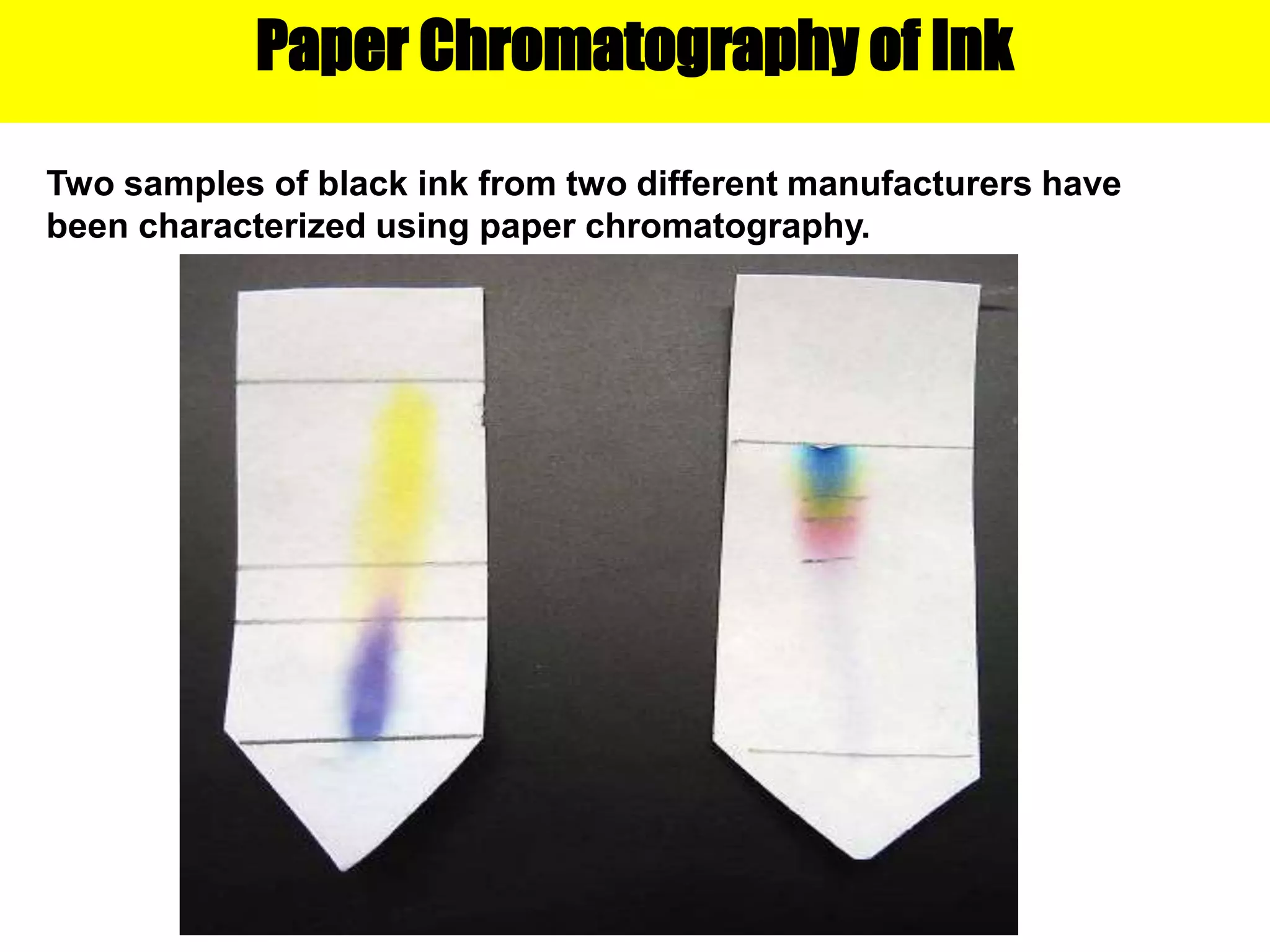 Paper Chromatography of Ink
Two samples of black ink from two different manufacturers have
been characterized using paper chromatography.