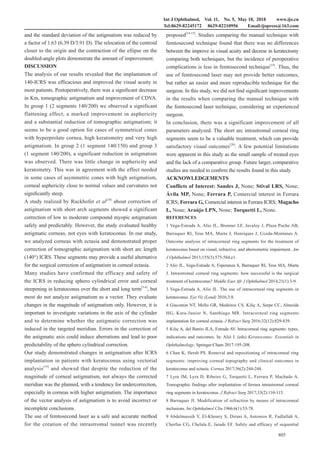 Int J Ophthalmol, Vol. 11, No. 5, May 18, 2018 www.ijo.cn
Tel:8629-82245172 8629-82210956 Email:ijopress@163.com
805
and the standard deviation of the astigmatism was reduced by
a factor of 1.63 (6.39 D/3.91 D). The relocation of the centroid
closer to the origin and the contraction of the ellipse on the
doubled-angle plots demonstrate the amount of improvement.
DISCUSSION
The analysis of our results revealed that the implantation of
140-ICRS was efficacious and improved the visual acuity in
most patients. Postoperatively, there was a significant decrease
in Km, tomographic astigmatism and improvement of CDVA.
In group 1 (2 segments 140/200) we observed a significant
flattening effect, a marked improvement in asphericity
and a substantial reduction of tomographic astigmatism; it
seems to be a good option for cases of symmetrical cones
with hyperprolate cornea, high keratometry and very high
astigmatism. In group 2 (1 segment 140/150) and group 3
(1 segment 140/200), a significant reduction in astigmatism
was observed. There was little change in asphericity and
keratometry. This was in agreement with the effect needed
in some cases of asymmetric cones with high astigmatism,
corneal asphericity close to normal values and curvatures not
significantly steep.
A study realized by Ruckhofer et al[18]
about correction of
astigmatism with short arch segments showed a significant
correction of low to moderate compound myopic astigmatism
safely and predictably. However, the study evaluated healthy
astigmatic corneas, not eyes with keratoconus. In our study,
we analyzed corneas with ectasia and demonstrated proper
correction of tomographic astigmatism with short arc length
(140°) ICRS. These segments may provide a useful alternative
for the surgical correction of astigmatism in corneal ectasia.
Many studies have confirmed the efficacy and safety of
the ICRS in reducing sphero cylindrical error and corneal
steepening in keratoconus over the short and long term[3-4]
, but
most do not analyze astigmatism as a vector. They evaluate
changes in the magnitude of astigmatism only. However, it is
important to investigate variations in the axis of the cylinder
and to determine whether the astigmatic correction was
induced in the targeted meridian. Errors in the correction of
the astigmatic axis could induce aberrations and lead to poor
predictability of the sphero cylindrical correction.
Our study demonstrated changes in astigmatism after ICRS
implantation in patients with keratoconus using vectorial
analysis[19]
and showed that despite the reduction of the
magnitude of corneal astigmatism, not always the corrected
meridian was the planned, with a tendency for undercorrection,
especially in corneas with higher astigmatism. The importance
of the vector analysis of astigmatism is to avoid incorrect or
incomplete conclusions.
The use of femtosecond laser as a safe and accurate method
for the creation of the intrastromal tunnel was recently
proposed[14-15]
. Studies comparing the manual technique with
femtosecond technique found that there was no differences
between the improve in visual acuity and decrese in keratectomy
comparing both techniques, but the incidence of peroperative
complications is less in femtosecond technique[15]
. Thus, the
use of femtosecond laser may not provide better outcomes,
but rather an easier and more reproducible technique for the
surgeon. In this study, we did not find significant improvements
in the results when comparing the manual technique with
the femtosecond laser technique, considering an experienced
surgeon.
In conclusion, there was a significant improvement of all
parameters analyzed. The short arc intrastromal corneal ring
segments seem to be a valuable treatment, which can provide
satisfactory visual outcomes[20]
. A few potential limitations
were apparent in this study as the small sample of treated eyes
and the lack of a comparative group. Future larger, comparative
studies are needed to confirm the results found in this study.
ACKNOWLEDGEMENTS
Conflicts of Interest: Sandes J, None; Stival LRS, None;
Ávila MP, None; Ferrara P, Comercial interest in Ferrara
ICRS; Ferrara G, Comercial interest in Ferrara ICRS; Magacho
L, None; Araújo LPN, None; Torquetti L, None.
REFERENCES
1 Vega-Estrada A, Alio JL, Brenner LF, Javaloy J, Plaza Puche AB,
Barraquer RI, Teus MA, Murta J, Henriques J, Uceda-Montanes A.
Outcome analysis of intracorneal ring segments for the treatment of
keratoconus based on visual, refractive, and aberrometric impairment. Am
J Ophthalmol 2013;155(3):575-584.e1.
2 Alio JL, Vega-Estrada A, Esperanza S, Barraquer RI, Teus MA, Murta
J. Intrastromal corneal ring segments: how successful is the surgical
treatment of keratoconus? Middle East Afr J Ophthalmol 2014;21(1):3-9.
3 Vega-Estrada A, Alio JL. The use of intracorneal ring segments in
keratoconus. Eye Vis (Lond) 2016;3:8.
4 Giacomin NT, Mello GR, Medeiros CS, Kiliç A, Serpe CC, Almeida
HG, Kara-Junior N, Santhiago MR. Intracorneal ring segments
implantation for corneal ectasia. J Refract Surg 2016;32(12):829-839.
5 Kılıç A, del Barrio JLA, Estrada AV. Intracorneal ring segments: types,
indications and outcomes. In: Alió J. (eds) Keratoconus: Essentials in
Ophthalmology. Springer:Cham 2017:195-208.
6 Chan K, Hersh PS. Removal and repositioning of intracorneal ring
segments: improving corneal topography and clinical outcomes in
keratoconus and ectasia. Cornea 2017;36(2):244-248.
7 Lyra JM, Lyra D, Ribeiro G, Torquetti L, Ferrara P, Machado A.
Tomographic findings after implantation of ferrara intrastromal corneal
ring segments in keratoconus. J Refract Surg 2017;33(2):110-115.
8 Barraquer JI. Modification of refraction by means of intracorneal
inclusions. Int Ophthalmol Clin 1966;6(1):53-78.
9 Abdelmassih Y, El-Khoury S, Dirani A, Antonios R, Fadlallah A,
Cherfan CG, Chelala E, Jarade EF. Safety and efficacy of sequential
 