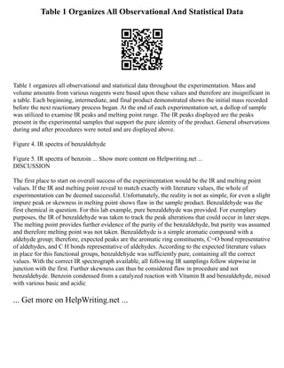 Table 1 Organizes All Observational And Statistical Data
Table 1 organizes all observational and statistical data throughout the experimentation. Mass and
volume amounts from various reagents were based upon these values and therefore are insignificant in
a table. Each beginning, intermediate, and final product demonstrated shows the initial mass recorded
before the next reactionary process began. At the end of each experimentation set, a dollop of sample
was utilized to examine IR peaks and melting point range. The IR peaks displayed are the peaks
present in the experimental samples that support the pure identity of the product. General observations
during and after procedures were noted and are displayed above.
Figure 4. IR spectra of benzaldehyde
Figure 5. IR spectra of benzoin ... Show more content on Helpwriting.net ...
DISCUSSION
The first place to start on overall success of the experimentation would be the IR and melting point
values. If the IR and melting point reveal to match exactly with literature values, the whole of
experimentation can be deemed successful. Unfortunately, the reality is not as simple, for even a slight
impure peak or skewness in melting point shows flaw in the sample product. Benzaldehyde was the
first chemical in question. For this lab example, pure benzaldehyde was provided. For exemplary
purposes, the IR of benzaldehyde was taken to track the peak alterations that could occur in later steps.
The melting point provides further evidence of the purity of the benzaldehyde, but purity was assumed
and therefore melting point was not taken. Benzaldehyde is a simple aromatic compound with a
aldehyde group; therefore, expected peaks are the aromatic ring constituents, C=O bond representative
of aldehydes, and C H bonds representative of aldehydes. According to the expected literature values
in place for this functional groups, benzaldehyde was sufficiently pure, containing all the correct
values. With the correct IR spectrograph available, all following IR samplings follow stepwise in
junction with the first. Further skewness can thus be considered flaw in procedure and not
benzaldehyde. Benzoin condensed from a catalyzed reaction with Vitamin B and benzaldehyde, mixed
with various basic and acidic
... Get more on HelpWriting.net ...
 