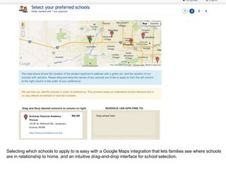 Selecting which schools to apply to is easy with a Google Maps integration that lets families see where schools
are in relationship to home, and an intuitive drag-and-drop interface for school selection.
 