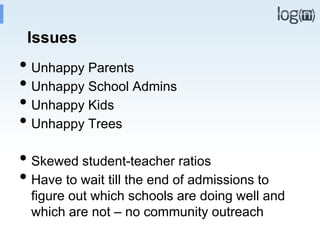 Issues
• Unhappy Parents
• Unhappy School Admins
• Unhappy Kids
• Unhappy Trees
• Skewed student-teacher ratios
• Have to wait till the end of admissions to
figure out which schools are doing well and
which are not – no community outreach
 