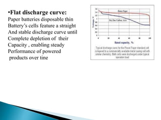 •Flat discharge curve:
Paper batteries disposable thin
Battery’s cells feature a straight
And stable discharge curve until
Complete depletion of their
Capacity , enabling steady
Performance of powered
products over tine

 