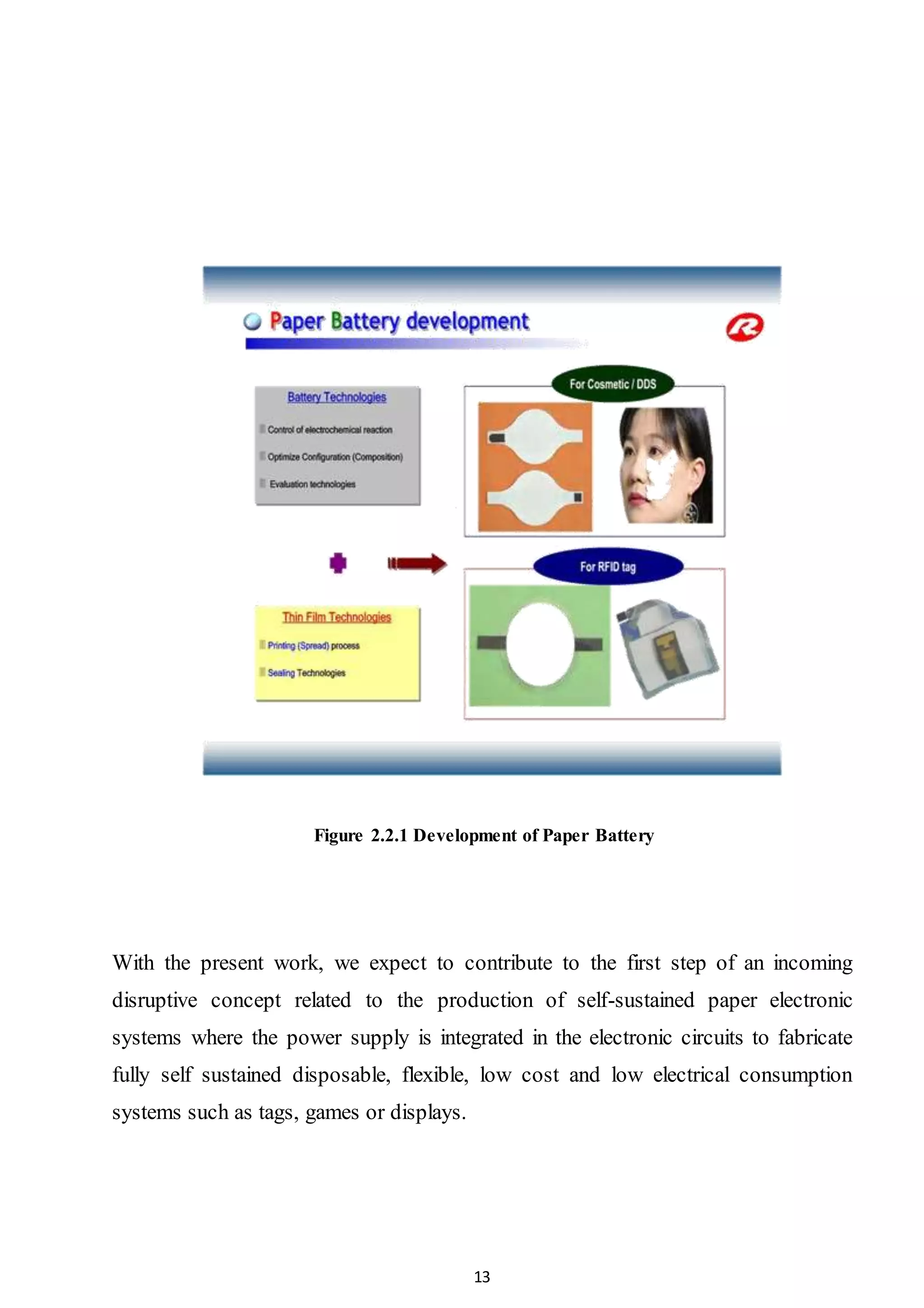 13
Figure 2.2.1 Development of Paper Battery
With the present work, we expect to contribute to the first step of an incoming
disruptive concept related to the production of self-sustained paper electronic
systems where the power supply is integrated in the electronic circuits to fabricate
fully self sustained disposable, flexible, low cost and low electrical consumption
systems such as tags, games or displays.
 