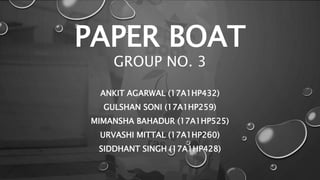 PAPER BOAT
GROUP NO. 3
ANKIT AGARWAL (17A1HP432)
GULSHAN SONI (17A1HP259)
MIMANSHA BAHADUR (17A1HP525)
URVASHI MITTAL (17A1HP260)
SIDDHANT SINGH (17A1HP428)
 