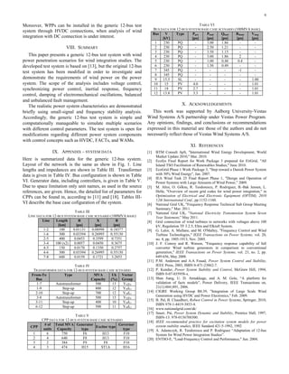 6
Moreover, WPPs can be installed in the generic 12-bus test
system through HVDC connections, when analysis of wind
integration with DC connection is under interest.
VIII. SUMMARY
This paper presents a generic 12-bus test system with wind
power penetration scenarios for wind integration studies. The
developed test system is based on [13], but the original 12-bus
test system has been modified in order to investigate and
demonstrate the requirements of wind power on the power
system. The scope of the analysis includes voltage control,
synchronizing power control, inertial response, frequency
control, damping of electromechanical oscillations, balanced
and unbalanced fault management.
The realistic power system characteristics are demonstrated
briefly using small-signal and frequency stability analysis.
Accordingly, the generic 12-bus test system is simple and
computationally manageable to simulate multiple scenarios
with different control parameters. The test system is open for
modifications regarding different power system components
with control concepts such as HVDC, FACTs, and WAMs.
IX. APPENDIX – SYSTEM DATA
Here is summarized data for the generic 12-bus system.
Layout of the network is the same as show in Fig. 1. Line
lengths and impedances are shown in Table III. Transformer
data is given in Table IV. Bus configuration is shown in Table
VI. Generator data, including controllers, is given in Table V.
Due to space limitation only unit names, as used in the source
references, are given. Hence, the detailed list of parameters for
CPPs can be found in, according to [11] and [18]. Tables III-
VI describe the base case cofiguration of the system.
TABLE III
LINE DATA FOR 12-BUS SYSTEM BASE CASE SCENARIO (100MVA BASE)
Line Length
[km]
R
[pu]
X
[pu]
B
[pu]
1-2 100 0.01131 0.08998 0.18377
1-6 300 0.03394 0.26995 0.55130
2-5 400 0.0453 0.3599 0.7351
3-4 100 (x2) 0.0057 0.0450 0.3675
4-5 150 0.0170 0.1350 0.2757
4-6 300 0.03394 0.26995 0.55130
7-8 600 0.0159 0.1721 3.2853
TABLE IV
TRANSFORMER DATA FOR 12-BUS SYSTEM BASE CASE SCENARIO
From-To
Bus
Type MVA
Capacity
Uk
(%)
Vector
Group
1-7 Autotransformer 500 13 YNyN
1-9 Step-up 800 12 YNd11
2-10 Step-up 700 12 YNd11
3-8 Autotransformer 500 13 YNyN
3-11 Step-up 400 10 YNd11
6-12 Step-up 500 11 YNd11
TABLE V
CPP DATA FOR 12-BUS SYSTEM BASE CASE SCENARIO
CPP
# of
units
Total MVA
Capacity
Generator
type
Exciter type
Governor
type
1 6 750 F6 H13 F10
2 4 640 F8 H13 F10
3 2 384 F9 F8 F10
4 3 474 H15 ST1A H16
TABLE VI
BUS DATA FOR 12-BUS SYSTEM BASE CASE SCENARIO (100MVA BASE)
Bus V
[kV]
Type Pgen
[pu]
Pload
[pu]
Qload
[pu]
Bshunt
[pu]
Vmag
[pu]
1 230 PQ - 3.00 1.86 - -
2 230 PQ - 2.50 1.21 - -
3 230 PQ - 3.50 1.15 - -
4 230 PQ - 3.00 1.86 2 -
5 230 PQ - 1.00 0.48 0.4 -
6 230 PQ - 1.50 0.49 - -
7 345 PQ - - - -1 -
8 345 PQ - - - - -
9 15.5 SL - - - - 1.00
10 15 PV 4.0 - - - 1.01
11 18 PV 2.7 - - - 1.01
12 13.8 PV 3.3 - - - 1.01
X. ACKNOWLEDGEMENTS
This work was supported by Aalborg University-Vestas
Wind Systems A/S partnership under Vestas Power Program.
Any opinions, findings, and conclusions or recommendations
expressed in this material are those of the authors and do not
necessarily reflect those of Vestas Wind Systems A/S.
XI. REFERENCES
[1] BTM Consult ApS, "International Wind Energy Development, World
Market Update 2010," Mar. 2010.
[2] Ecofys Final Report for Work Package 3 prepared for EirGrid, "All
Island TSO Facilitation of Renewables Studies," June 2010.
[3] EcoGrid Phase 1 Work Package 3, "Step toward a Danish Power System
with 50% Wind Energy", Jan. 2007.
[4] IEA Wind Task 25 Final Report Phase 1, "Design and Operation of
Power Systems with Large Amounts of Wind Power,” 2009.
[5] M. Altın, O. Goሷksu, R. Teodorescu, P. Rodriguez, B.-Bak Jensen, L.
Helle, "Overview of recent grid codes for wind power integration," in
Optimization of Electrical and Electronic Equipment (OPTIM), 2010
12th International Conf., pp.1152-1160.
[6] National Grid UK, "Frequency Response Technical Sub Group Meeting
Summary," Mar. 2011.
[7] National Grid UK, "National Electricity Transmission System Seven
Year Statement," May 2011.
[8] Grid connection of wind turbines to networks with voltages above 100
kV, Regulation TF 3.2.5, Eltra and Elkraft System.
[9] G. Lalor, A. Mullane, and M. O'Malley, "Frequency Control and Wind
Turbine Technologies," IEEE Transactions on Power Systems, vol. 20,
no. 4, pp. 1905-1913, Nov. 2005.
[10] J. F. Conroy and R. Watson, "Frequency response capability of full
converter Wind turbine generators in comparison to conventional
generation," IEEE Transactions on Power Systems, vol. 23, no. 2, pp.
649-656, May 2008.
[11] P.M. Anderson and A.A Fouad, Power System Control and Stability,
IEEE Press, 2003, ISBN 0-471-23862-7.
[12] P. Kundur, Power System Stability and Control, McGraw Hill, 1994,
ISBN 0-07-035958-x.
[13] Shan Jiang, U. D. Annakkage, and A. M. Gole, “A platform for
validation of facts models”, Power Delivery, IEEE Transactions on,
21(1):484{491, 2006.
[14] CIGRE Working Group B4.39, "Integration of Large Scale Wind
Generation using HVDC and Power Electronics," Feb. 2009.
[15] B. Pal, B. Chaudhuri, Robust Control in Power Systems, Springer, 2010,
ISBN 978-1-4419-3853-4.
[16] www.nationalgrid.com/uk/
[17] Sauer, Pai, Power System Dynamic and Stability, Prentice Hall, 1997,
ISBN-13: 978-0136788300.
[18] IEEE recommended practice for excitation system models for power
system stability studies, IEEE Sandard 421.5-1992, 1992
[19] A. Adamczyk, R. Teodorescu and P. Rodriguez “Adaptation of 12-bus
System for Wind Power Integration Studies”.
[20] ENTSO-E, "Load-Frequency Control and Performance," Jun. 2004.
 