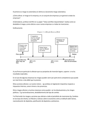El primero es riesgo no sistemático el último es claramente riesgo sistemático.

¿Cómo afecta el riesgo en la empresa, en un conjunto de empresas y en general a todas las
empresas?

A.Damodaran, profesor de NYU en su paper “Value and Risk: beyond betas” analiza como se
desdobla el riesgo y como afecta a una o varias empresas o a todas las inversiones .

Gráficamente:




A una firma en particular la afectan que sus proyectos de inversión logren, superen o no los
resultados esperados.

En el caso de algunas empresas los riesgos pueden venir por parte de la competencia que puede
ser más firme o más débil que lo previsto.

Otras acciones afectan a un sector entero . eg cambios en legislación impositiva respecto a
impuestos internos, canon minero a las provincias.

Otros riesgos afectan a muchas empresas como pueden ser las devaluaciones y los riesgos
políticos. E.g nacionalizaciones, desdoblamiento del tipo de cambio.

Y al final están los riesgos y acciones que afectan a todo el portafolio de inversiones Eg. Cambios
en las tasas de interés, la inflación y noticias sobre la economía como un default sobre bonos,
nacionalización de depósitos, pesificación de depósitos y préstamos.
 