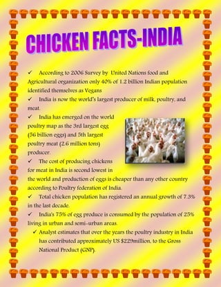 

According to 2006 Survey by United Nations food and

Agricultural organization only 40% of 1.2 billion Indian population
identified themselves as Vegans


India is now the world’s largest producer of milk, poultry, and

meat.


India has emerged on the world

poultry map as the 3rd largest egg
(56 billion eggs) and 5th largest
poultry meat (2.6 million tons)
producer.


The cost of producing chickens

for meat in India is second lowest in
the world and production of eggs is cheaper than any other country
according to Poultry federation of India.


Total chicken population has registered an annual growth of 7.3%

in the last decade.


India's 75% of egg produce is consumed by the population of 25%

living in urban and semi-urban areas.
 Analyst estimates that over the years the poultry industry in India
has contributed approximately US $229million, to the Gross
National Product (GNP).

 