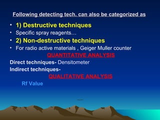Following detecting tech. can also be categorized as   1) Destructive techniques Specific spray reagents… 2) Non-destructive techniques For radio active materials , Geiger Muller counter QUANTITATIVE ANALYSIS Direct techniques-  Densitometer Indirect techniques-  QUALITATIVE ANALYSIS Rf Value 