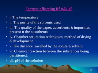 Factors affecting Rf VALUE
• i. The temperature
• ii. The purity of the solvents used
• iii. The quality of the paper, adsorbents & impurities
  present n the adsorbents
• iv. Chamber saturation techniques, method of drying
  & development
• v. The distance travelled by the solute & solvent
• vi. Chemical reaction between the substances being
  partitioned.
• vii. pH of the solution

                                                       30
 