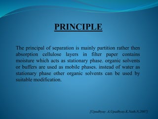 The principal of separation is mainly partition rather then
absorption cellulose layers in filter paper contains
moisture which acts as stationary phase. organic solvents
or buffers are used as mobile phases. instead of water as
stationary phase other organic solvents can be used by
suitable modification.
[Upadhyay .A,Upadhyay.K,Nath.N,2007]
 