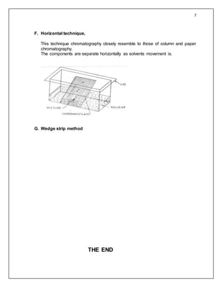 7
F. Horizontal technique,
This technique chromatography closely resemble to those of column and paper
chromatography.
The components are separate horizontally as solvents movement is.
G. Wedge strip method
THE END
 