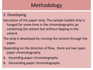 Methodology
2. Developing
Saturation of the paper strip: The sample loaded strip is
hanged for some time in the chromatographic jar
containing the solvent but without dipping in the
solvent.
The strip is developed by running the solvent through the
paper.
Depending on the direction of flow, there are two types
paper chromatography.
A. Ascending paper chromatography
B. Descending paper chromatography
 
