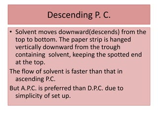 Descending P. C.
• Solvent moves downward(descends) from the
top to bottom. The paper strip is hanged
vertically downward from the trough
containing solvent, keeping the spotted end
at the top.
The flow of solvent is faster than that in
ascending P.C.
But A.P.C. is preferred than D.P.C. due to
simplicity of set up.
 