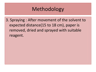 Methodology
3. Spraying : After movement of the solvent to
expected distance(15 to 18 cm), paper is
removed, dried and sprayed with suitable
reagent.
 